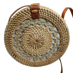 Street Level Hand Woven Circular Rattan Crossbody Bag Leather Trim and Strap
